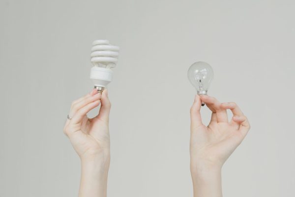 Hands hold incandescent and spiral light bulbs, symbolizing energy efficiency.
